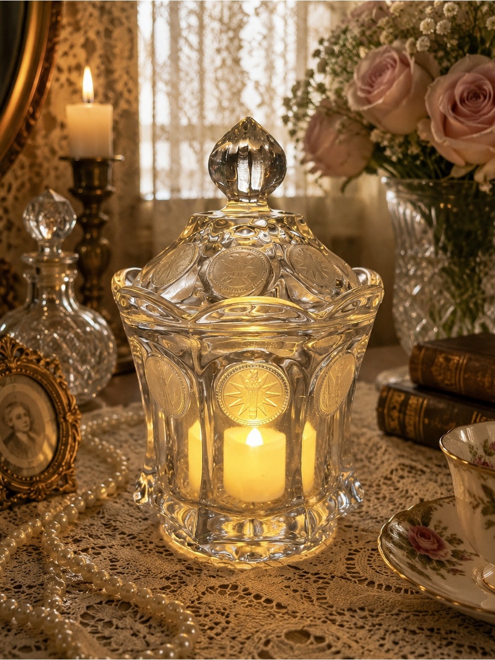 Vintage Fostoria Coin Clear Glass Fairy Lamp | Lidded Sugar Bowl Decor